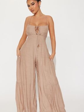 Fashion Nova Vacation Ready Jumpsuit Mocha Sz L